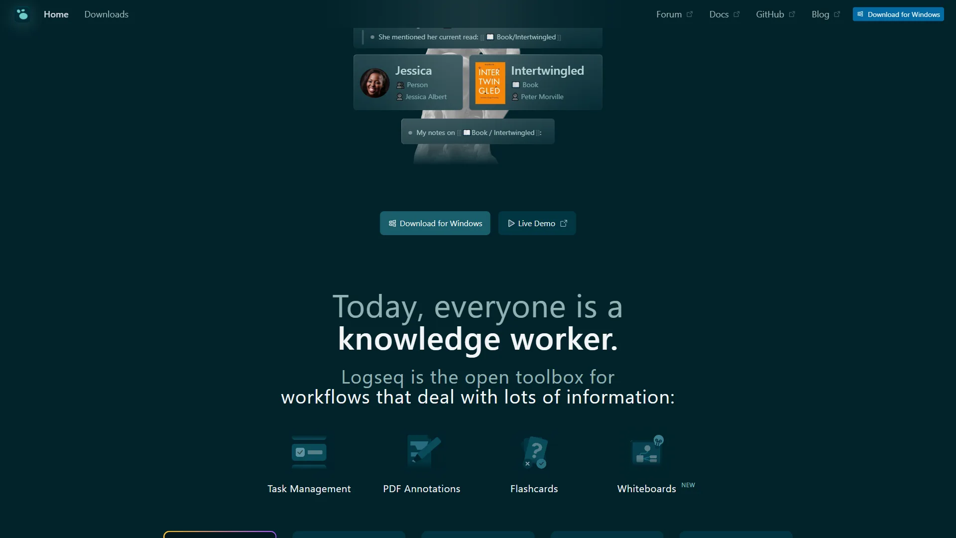 Logseq features including graph visualization, block references, and PDF annotation