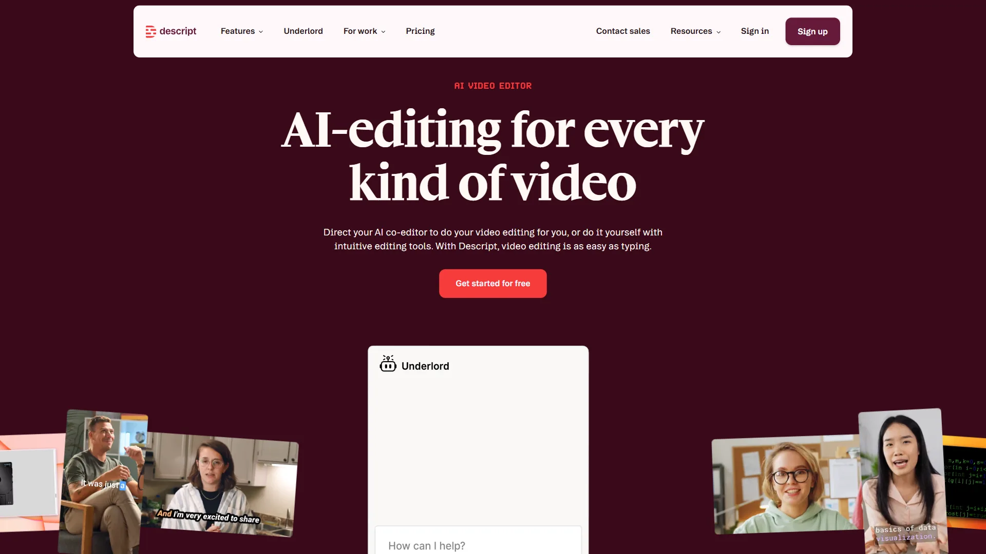 Descript homepage showing text-based video editing with AI features