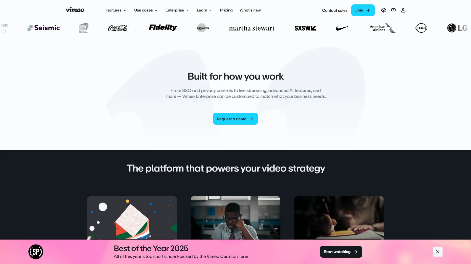 Vimeo homepage showing professional video hosting platform with branded player and privacy controls