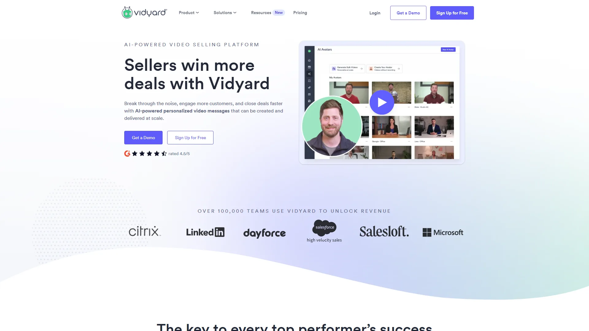 Vidyard homepage showing the video platform for sales and marketing teams