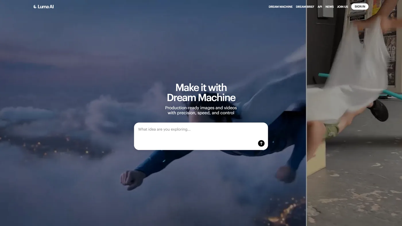 Luma Dream Machine homepage with Make it with Dream Machine headline, a text prompt input field, and AI-generated video backgrounds showing dynamic scenes