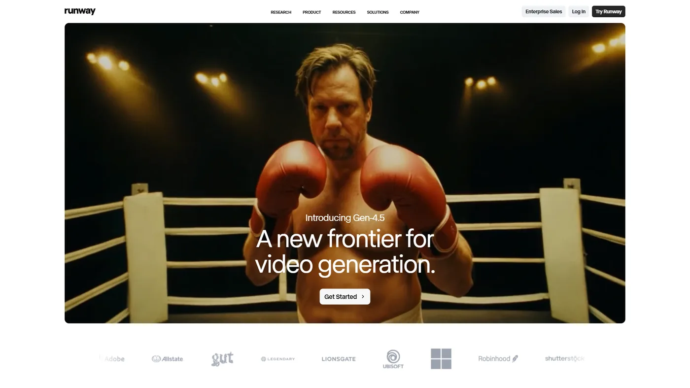 Runway homepage introducing Gen-4.5 with A new frontier for video generation headline, AI-generated boxing scene, and enterprise client logos including Adobe and Lionsgate