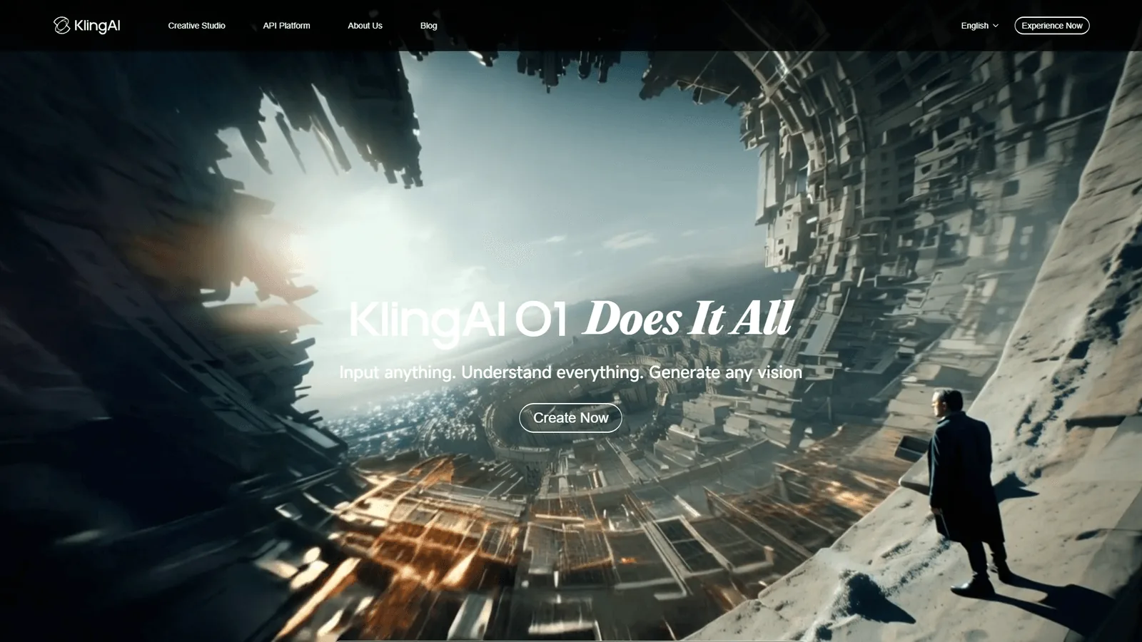 Kling AI homepage with KlingAI 01 Does It All headline showing a cinematic sci-fi scene with a figure overlooking a massive illuminated structure
