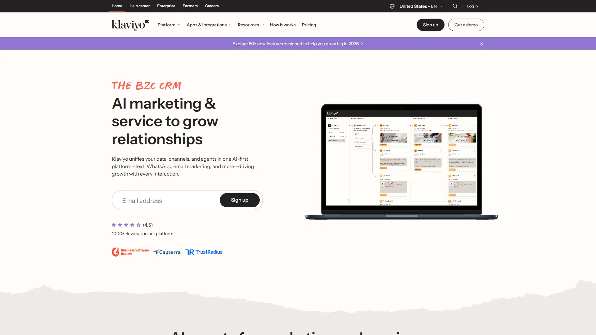 Klaviyo homepage showing ecommerce email and SMS marketing platform