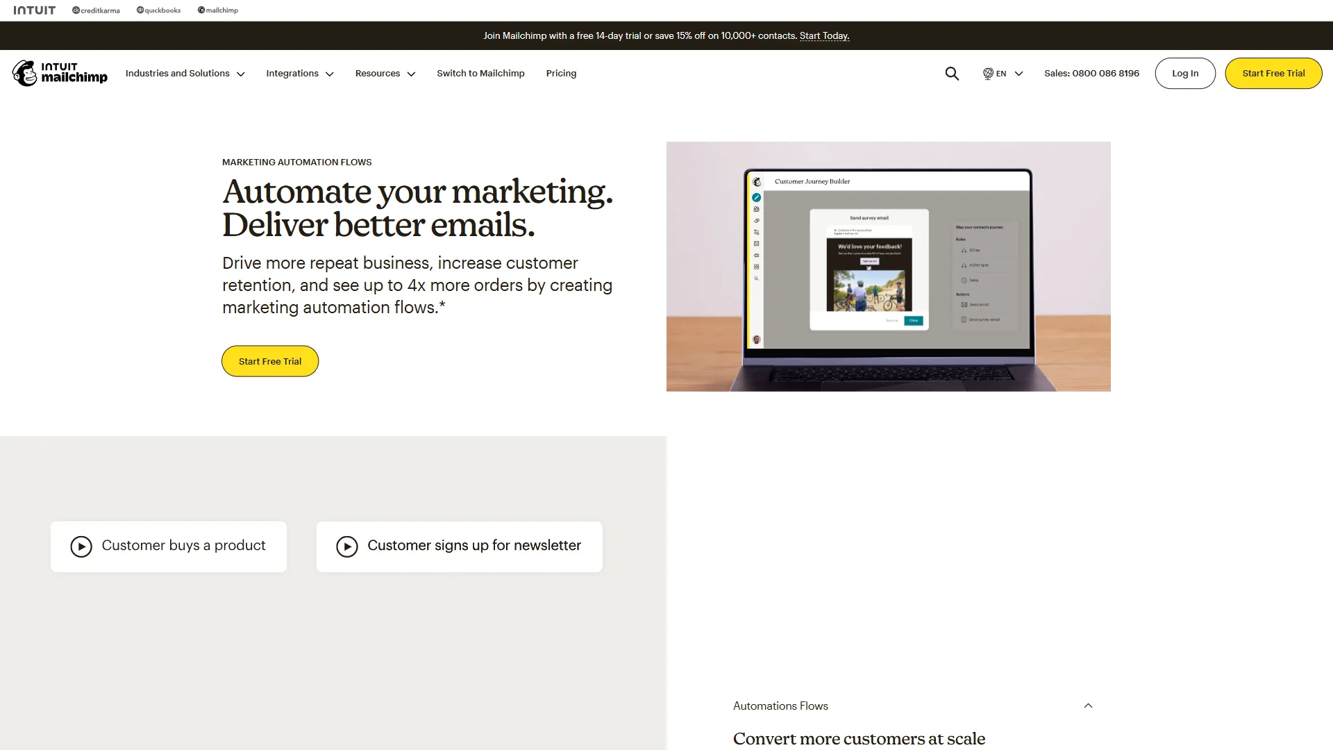Mailchimp automation marketing page with Automate Your Marketing headline and trigger examples