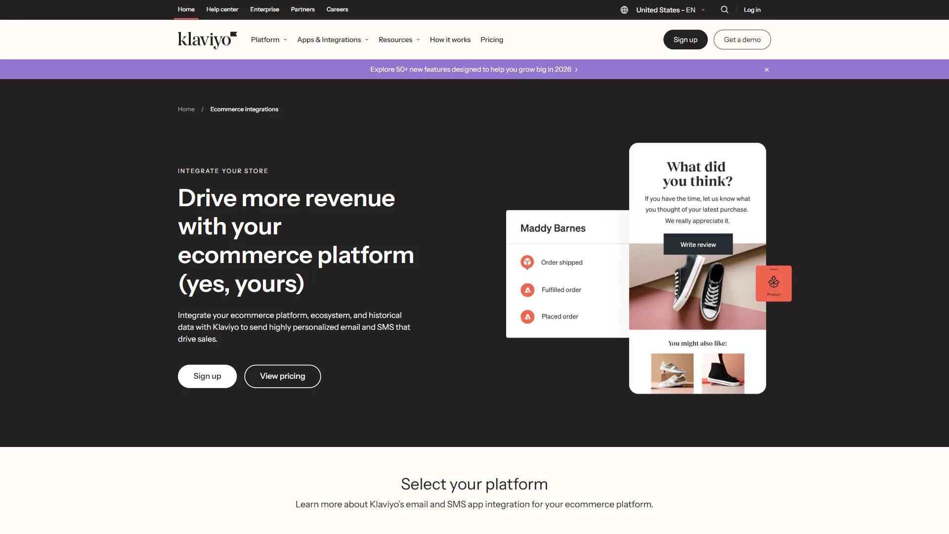 Klaviyo ecommerce integrations landing page with Drive More Revenue headline and customer profile preview
