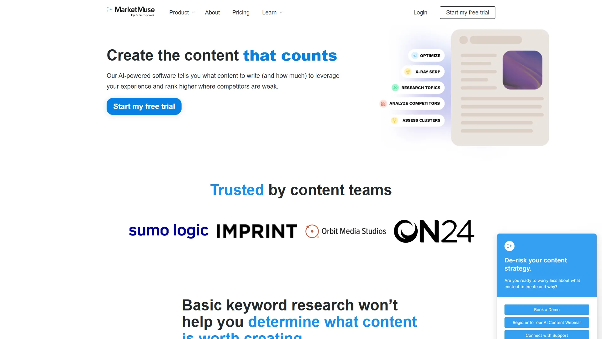 MarketMuse landing page with Create the Content That Counts headline and trusted-by logos including Sumo Logic