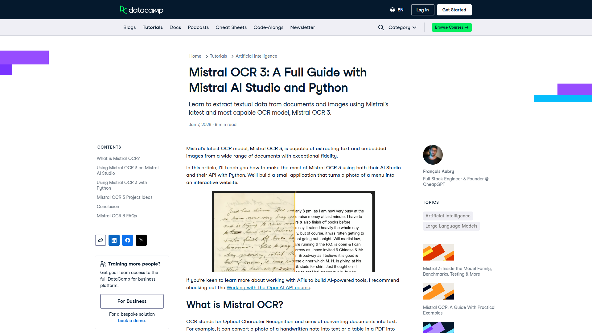 DataCamp tutorial showing Mistral OCR integration examples