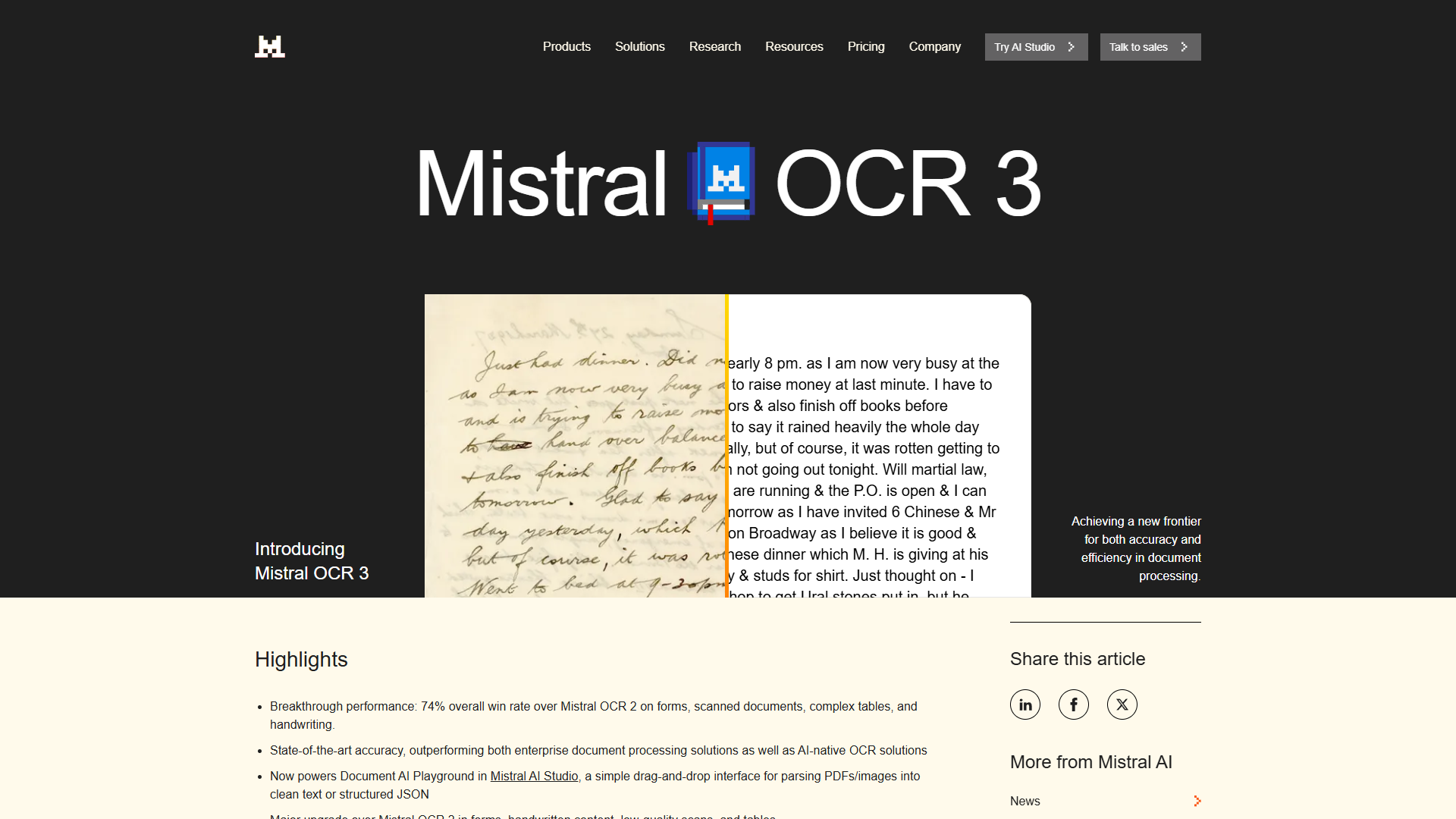 Mistral OCR 3 announcement page showing key features and improvements
