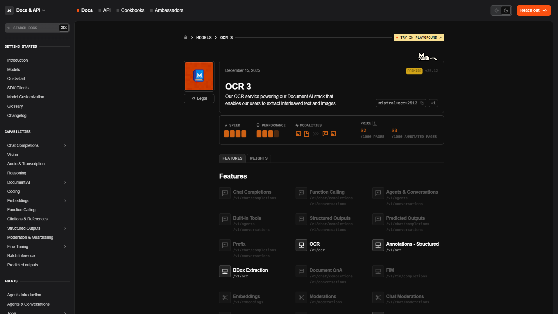 Mistral OCR API documentation showing available parameters and methods