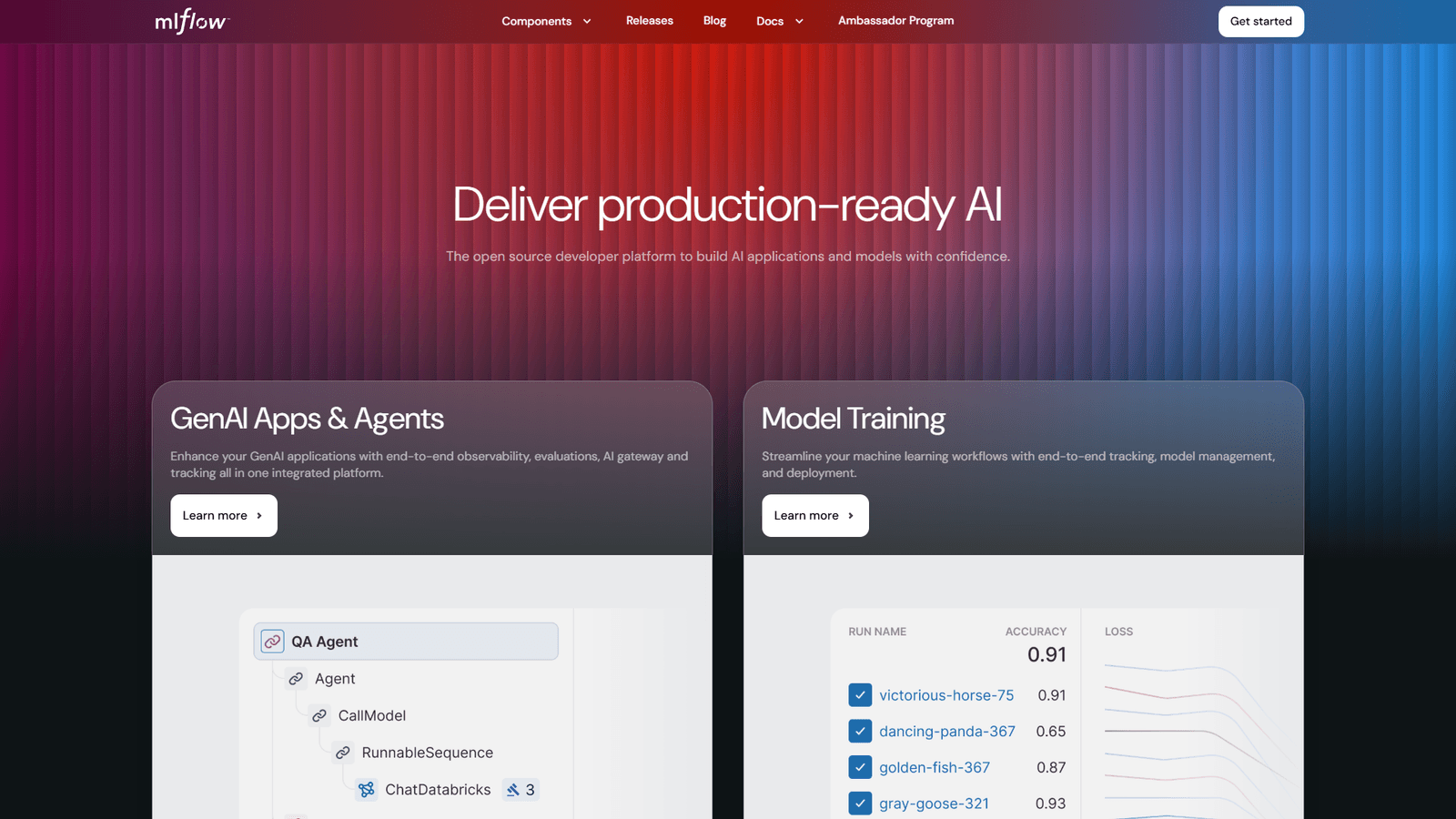 MLflow homepage showing experiment tracking and model registry features