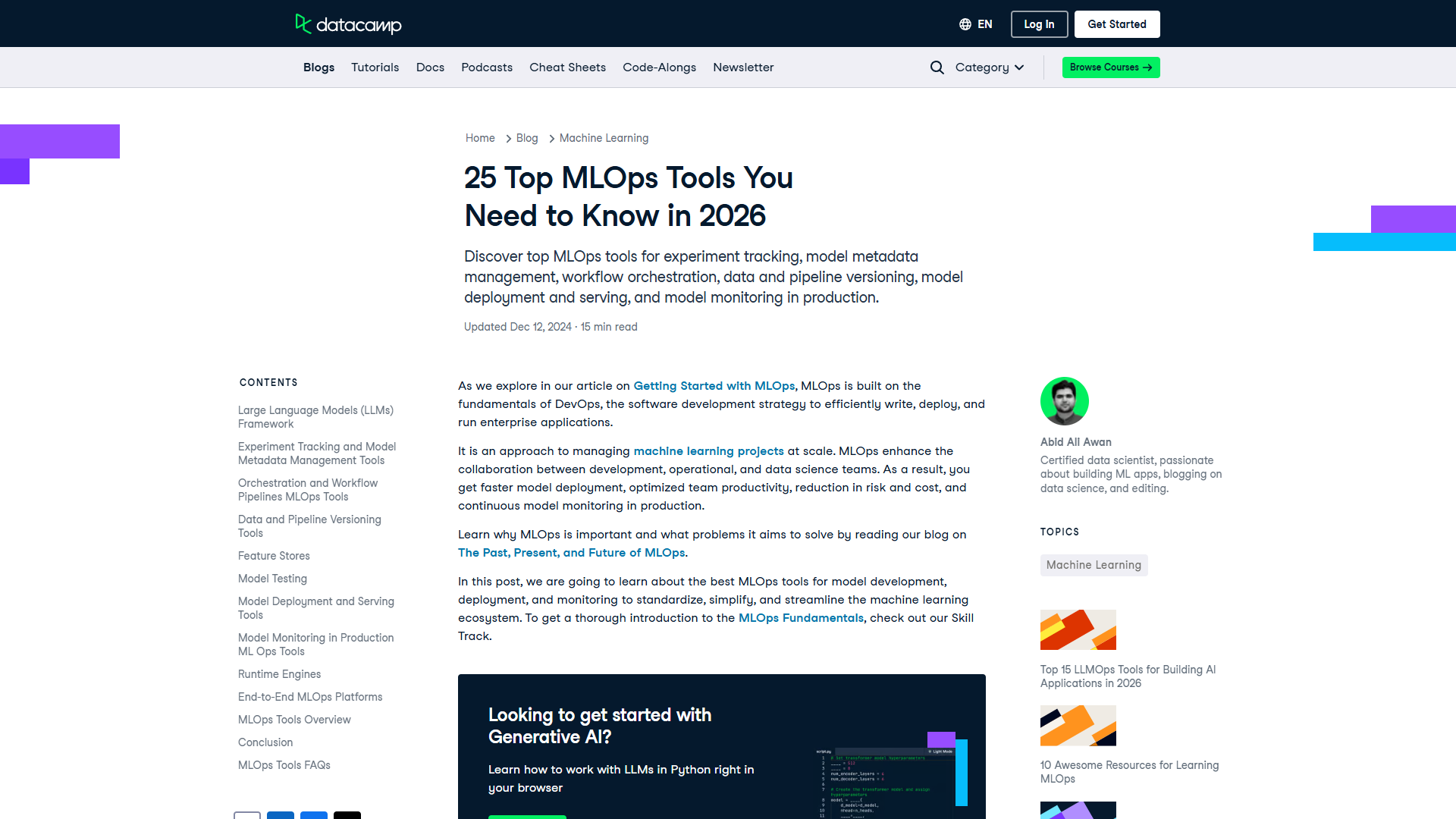 Overview of MLOps tool categories and workflow stages