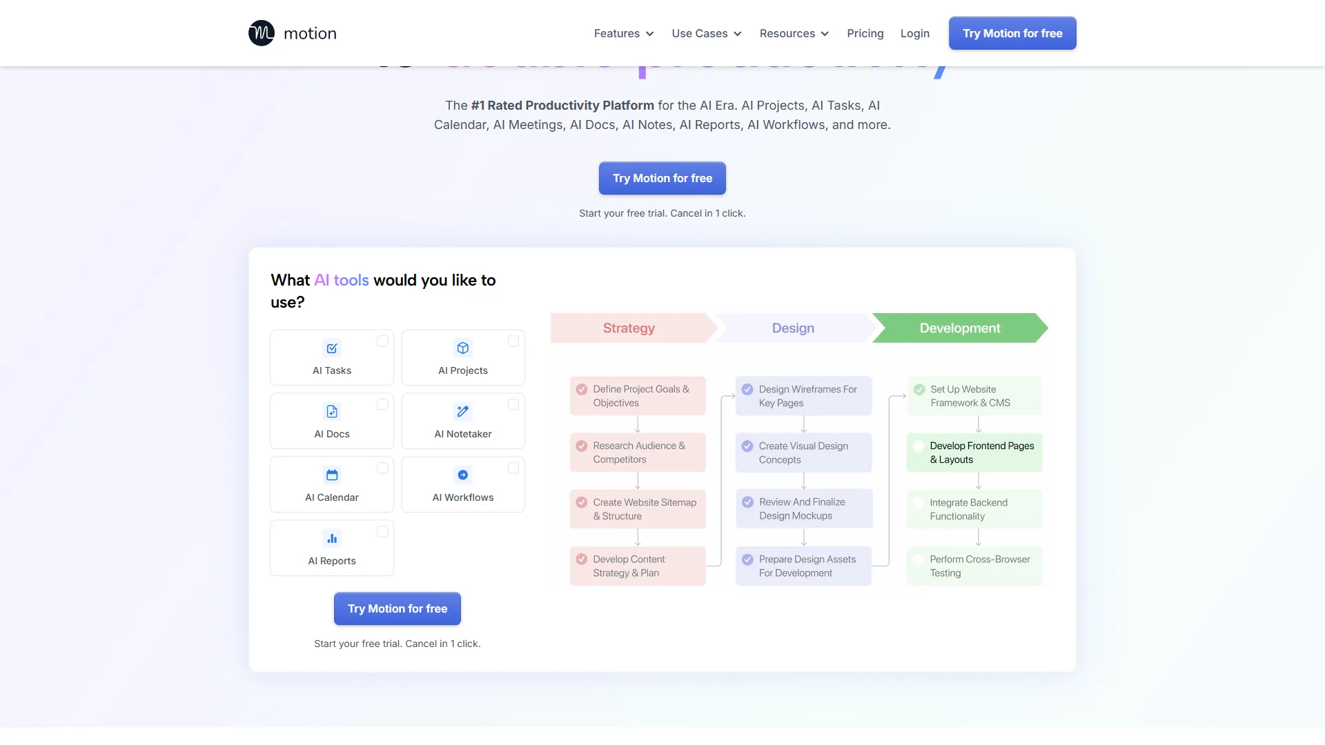 Motion homepage showing AI tools grid and project workflow diagram with strategy, design, and development phases