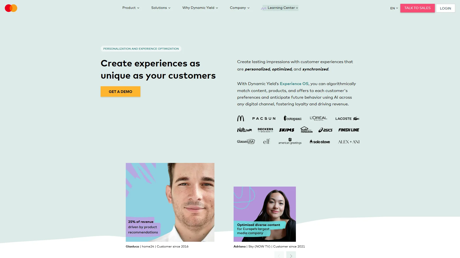 Dynamic Yield homepage with personalized customer experiences heading, brand logos, and testimonial photos