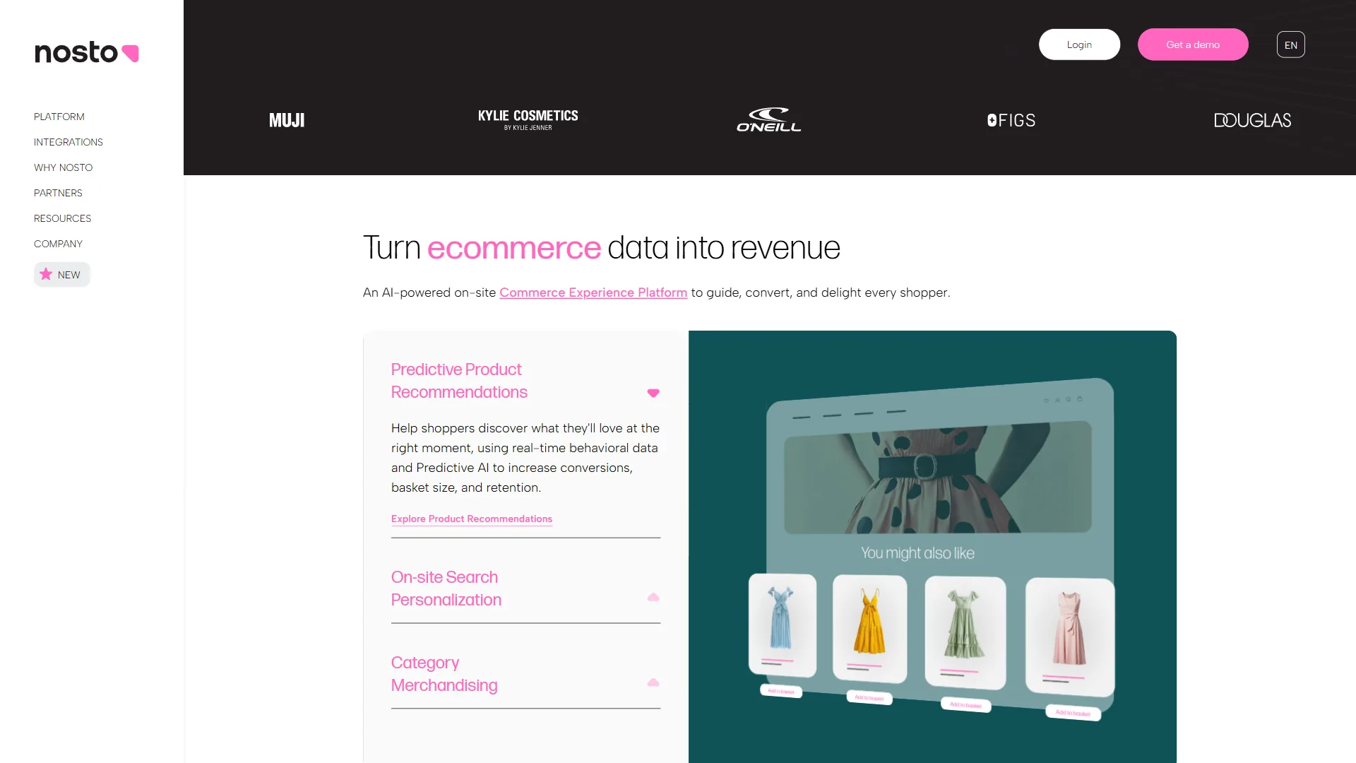 Nosto features page with Turn ecommerce data into revenue headline and product recommendations preview
