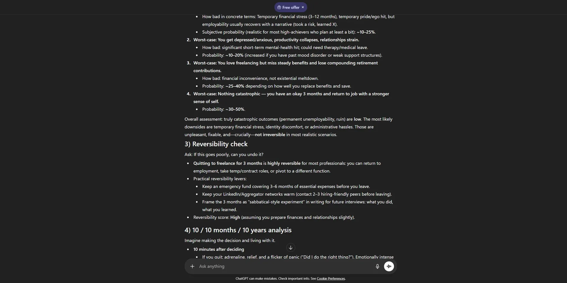 ChatGPT conversation showing a detailed decision analysis with reversibility checks, probability assessments, and a 10-month to 10-year outlook framework