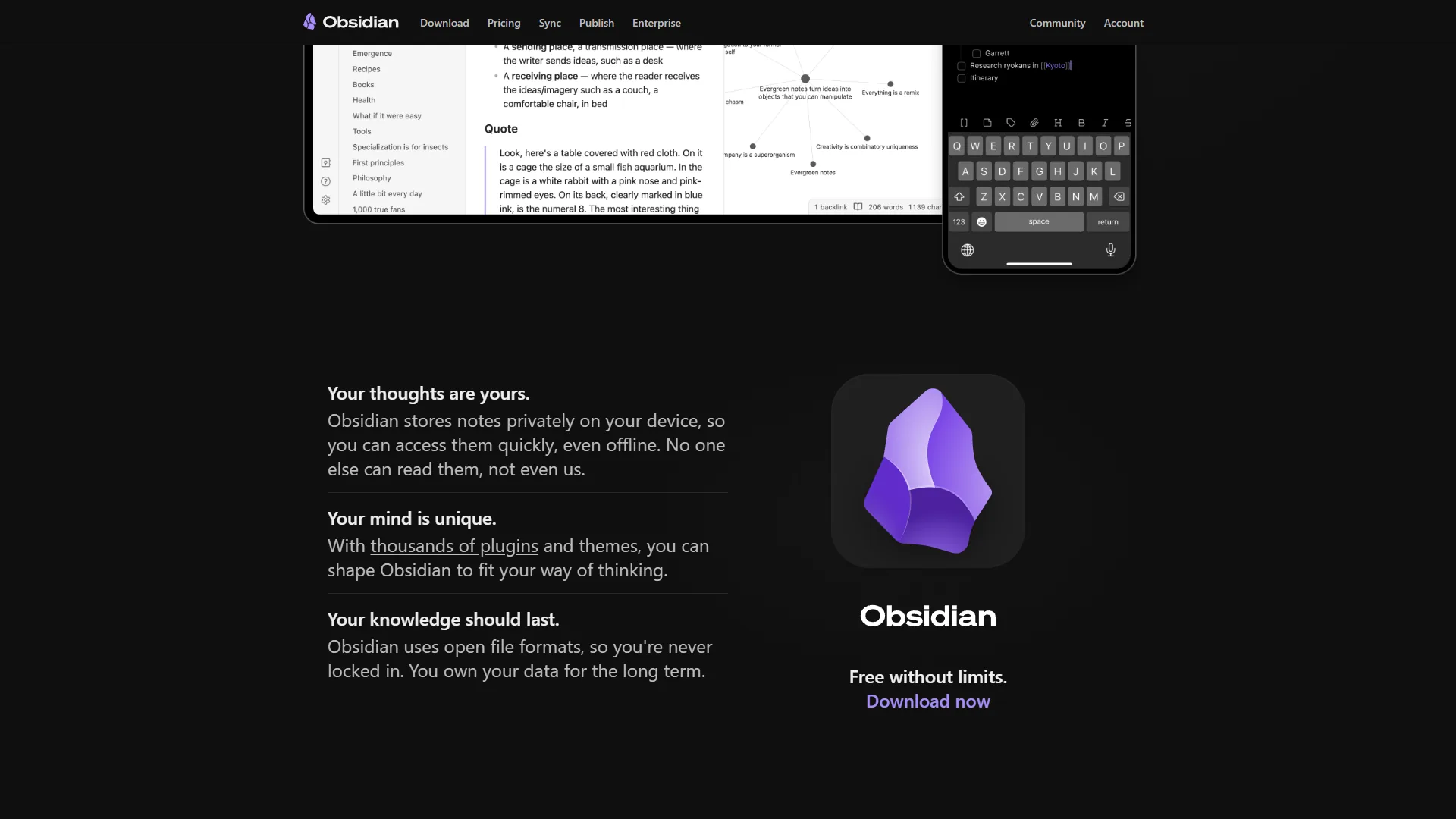 Obsidian homepage bottom section with privacy, customization, and open file format value propositions