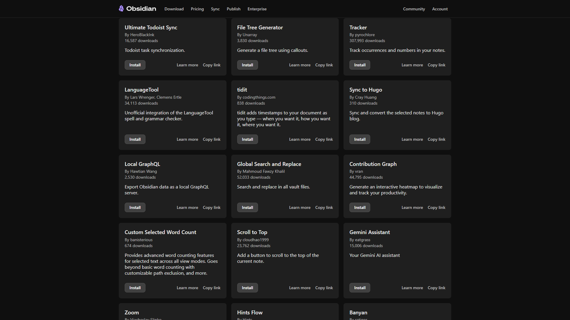 Obsidian community plugins browser showing cards for Todoist Sync, File Tree, Tracker, and more