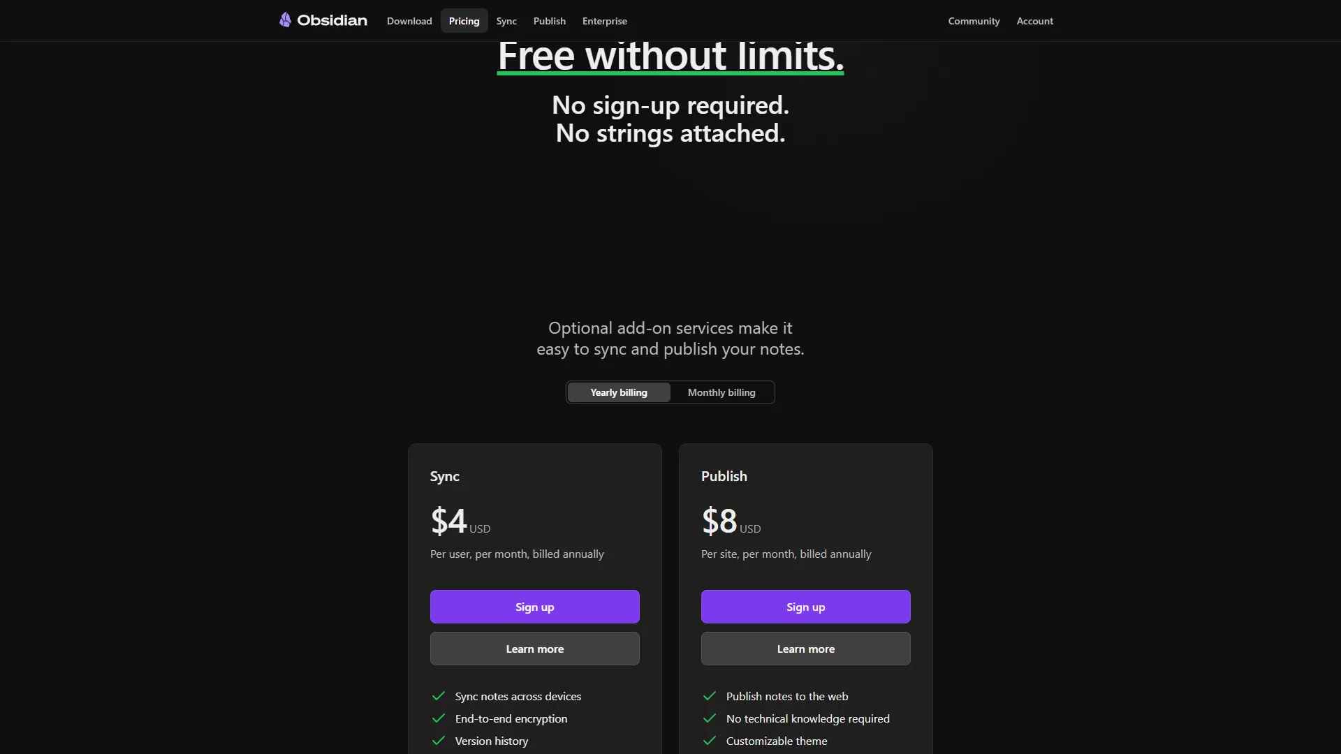 Obsidian pricing page showing Sync at $4 per month and Publish at $8 per month billed annually