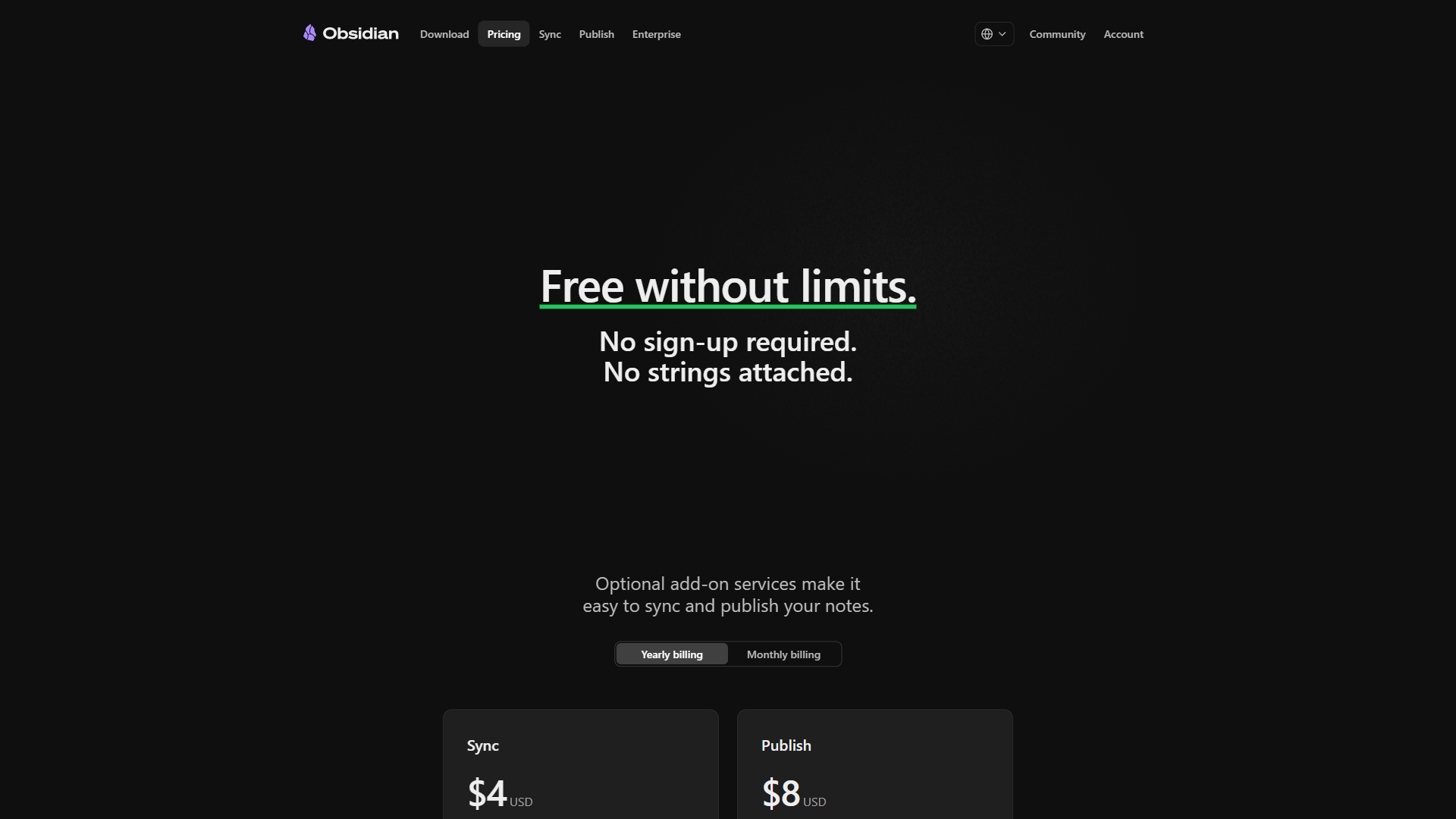 Obsidian pricing page showing Personal, Commercial, Sync, and Publish options