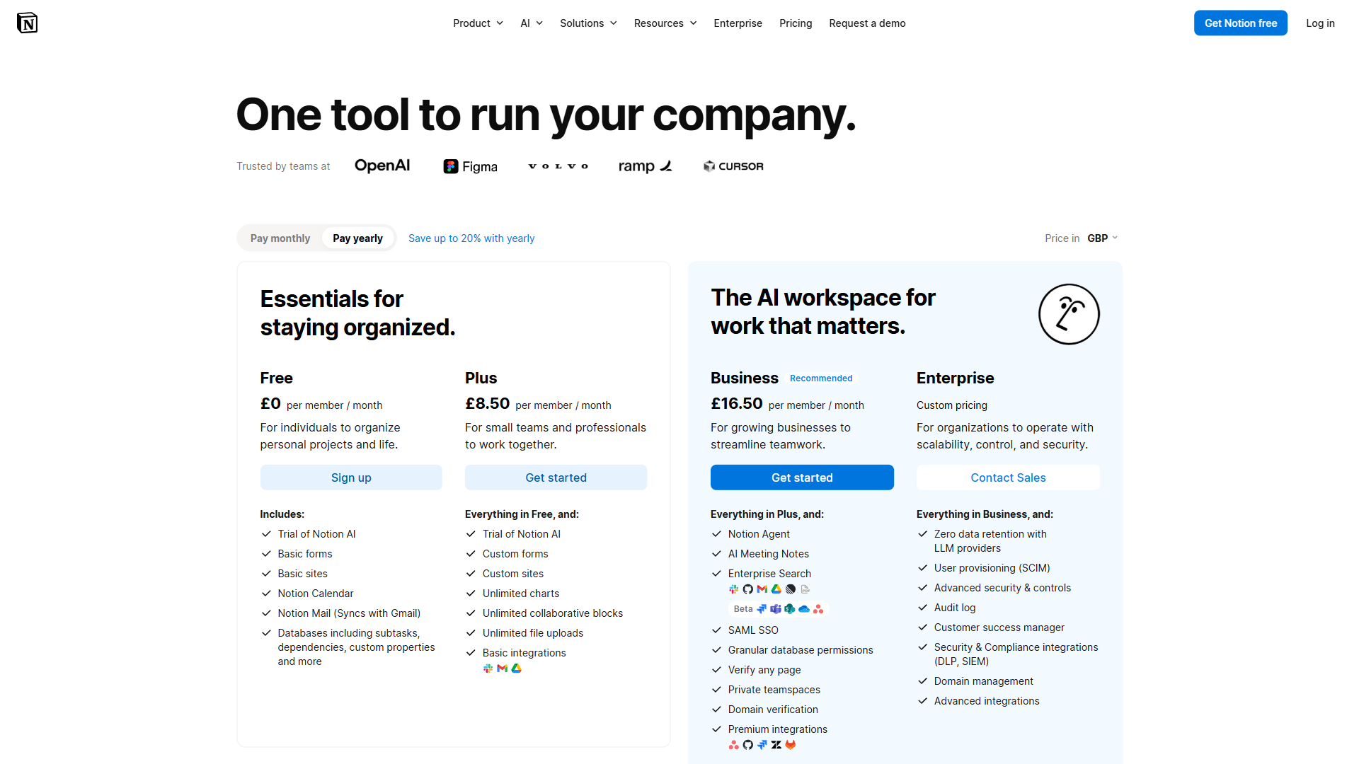 Notion pricing page showing Free, Plus, Business, and Enterprise tiers with annual billing options