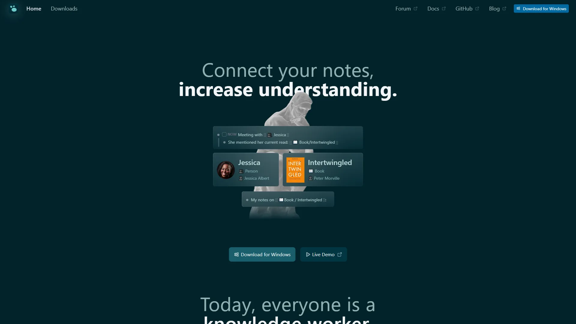 Logseq homepage showing its open-source knowledge management interface with bidirectional linking