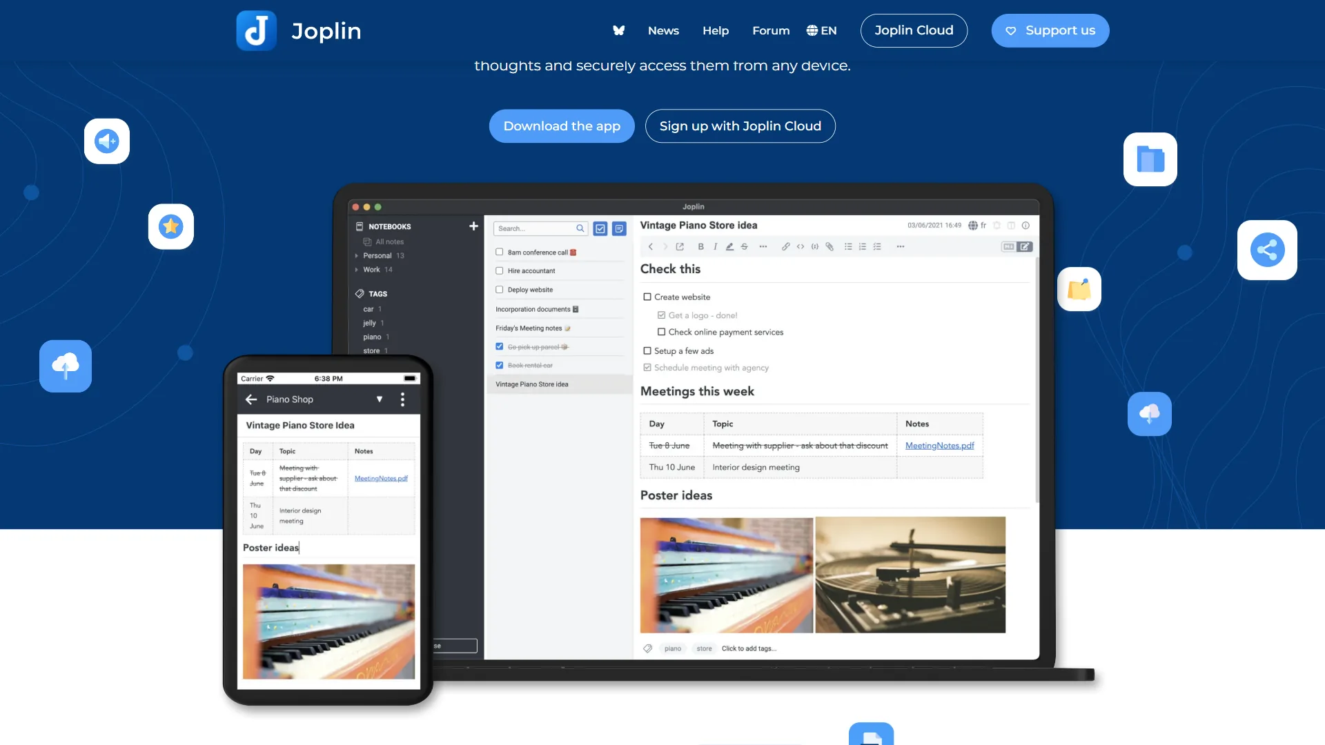 Joplin note-taking app interface showing notebook sidebar, note list, and markdown editor with preview