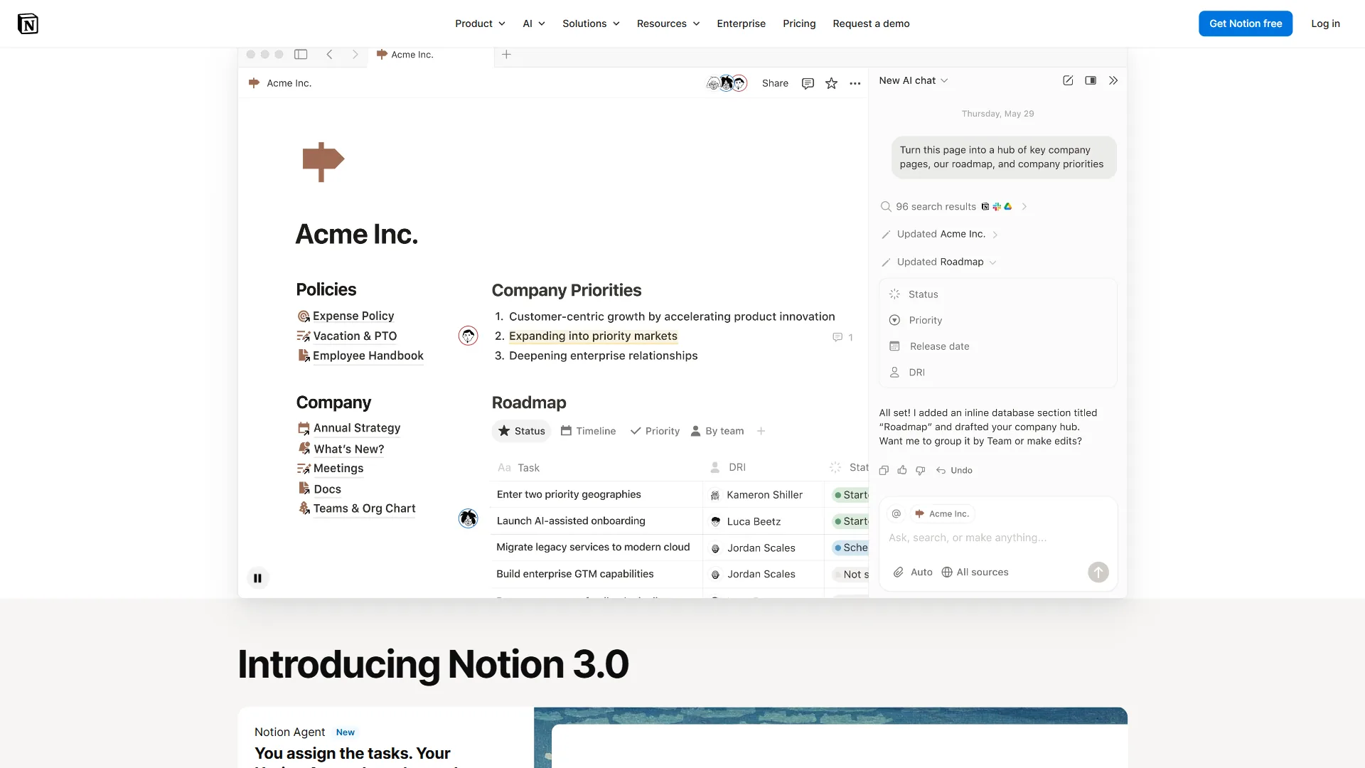 Notion workspace showing database views, sidebar navigation, and team collaboration features