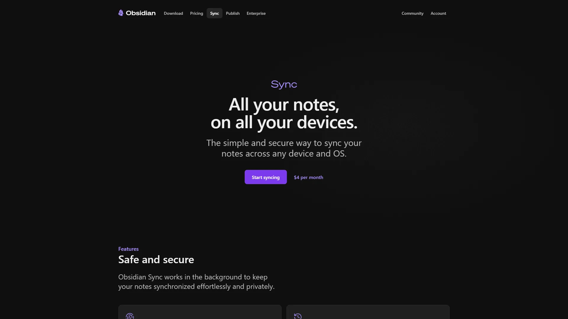 Obsidian Sync page with All your notes on all your devices headline and $4 per month pricing