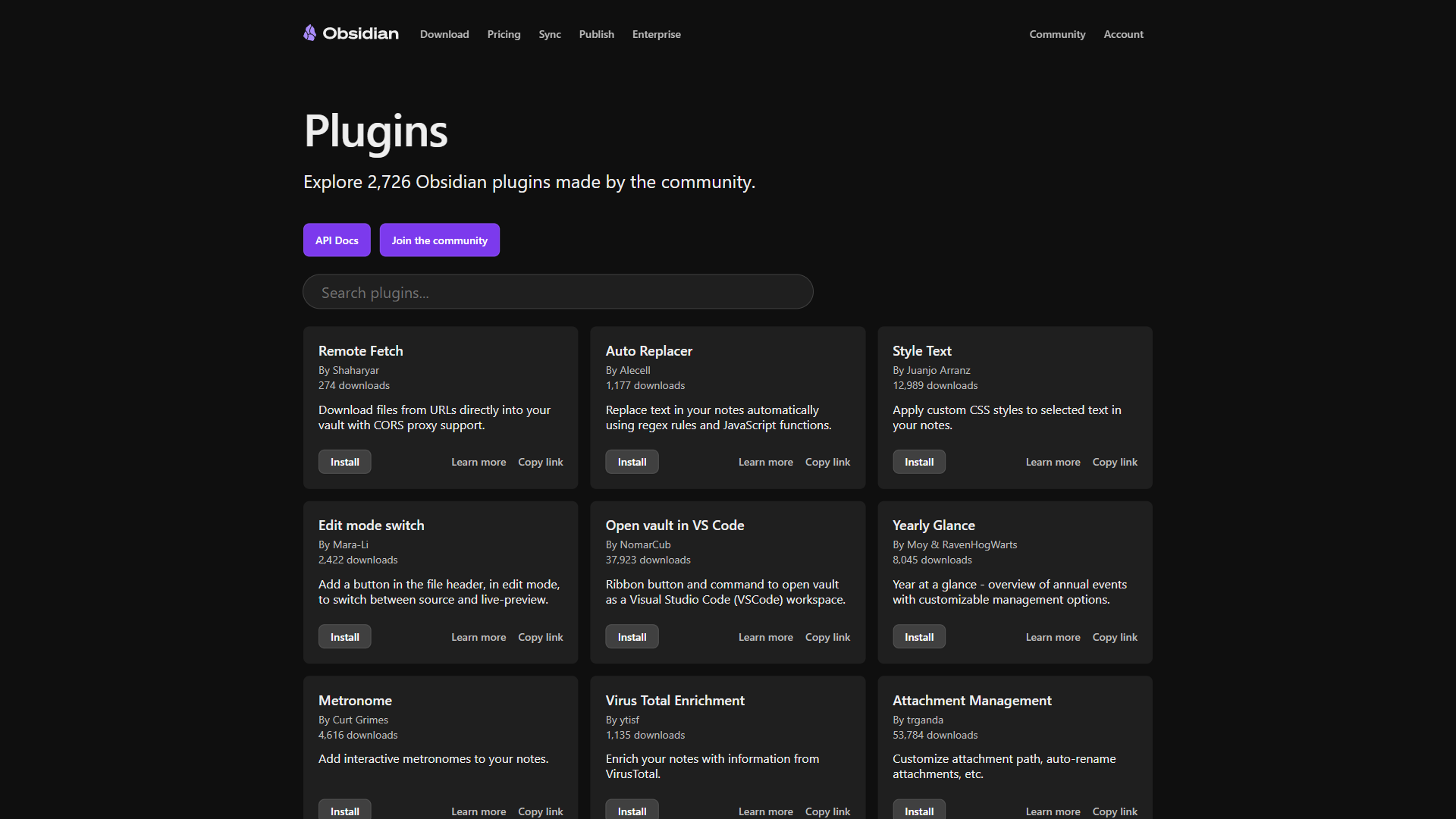 Obsidian community plugin browser showing available extensions