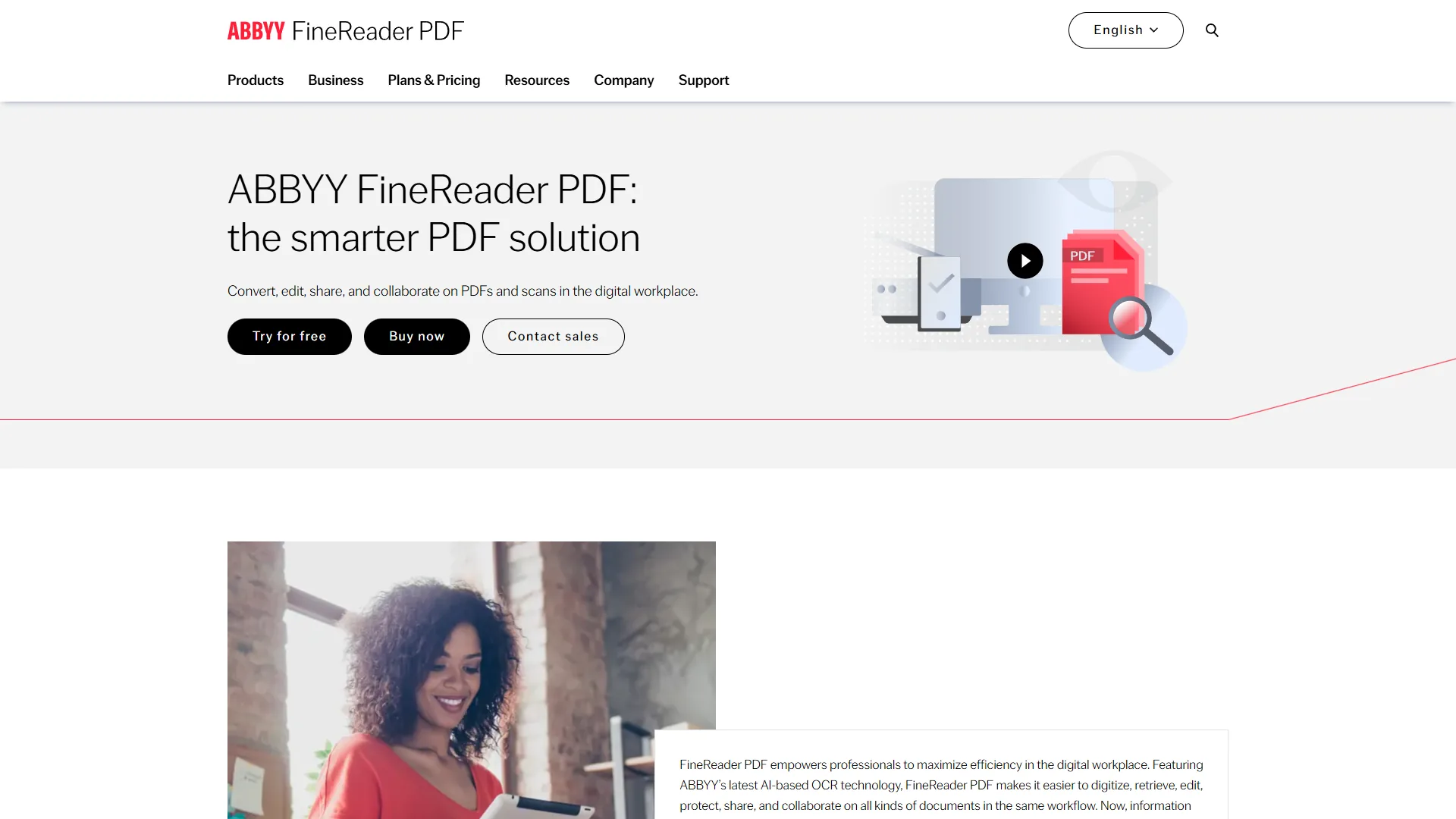 ABBYY FineReader OCR homepage showing 99.8% accuracy claim and multilingual support