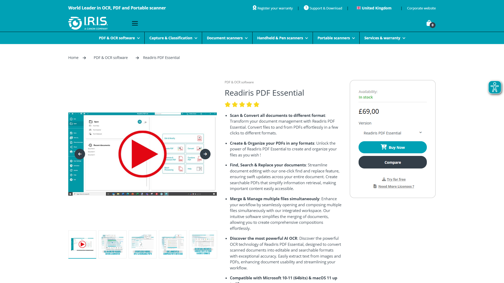 Readiris OCR product page showing one-time purchase pricing and features