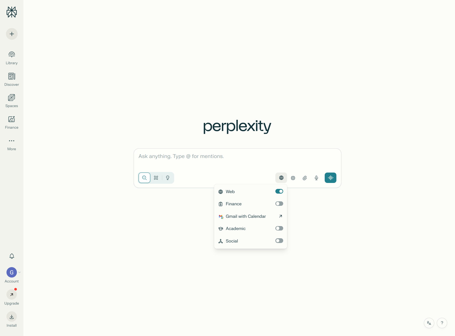 Perplexity Focus modes dropdown showing Web, Academic, Writing, Finance, Social, and YouTube options