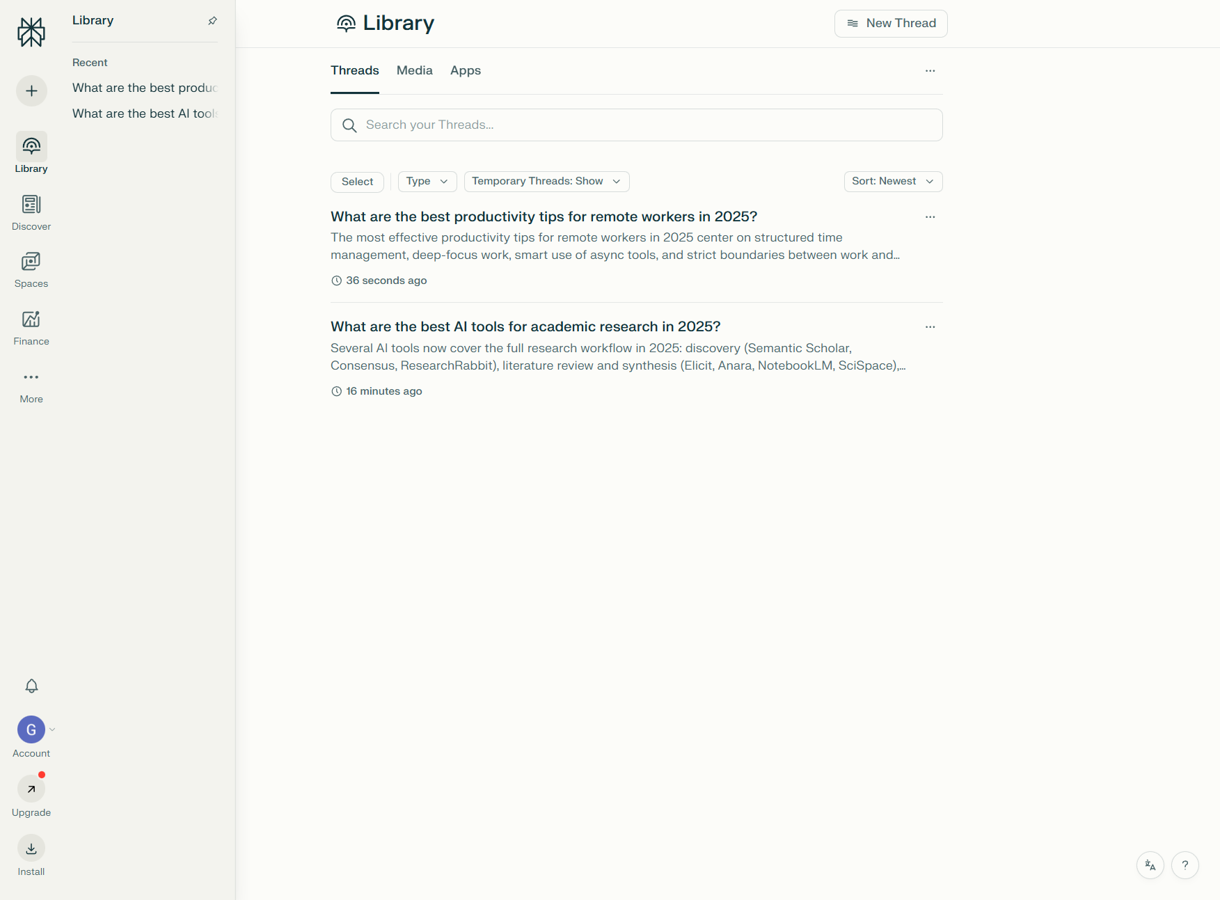 Perplexity Library interface showing Collections and organized threads