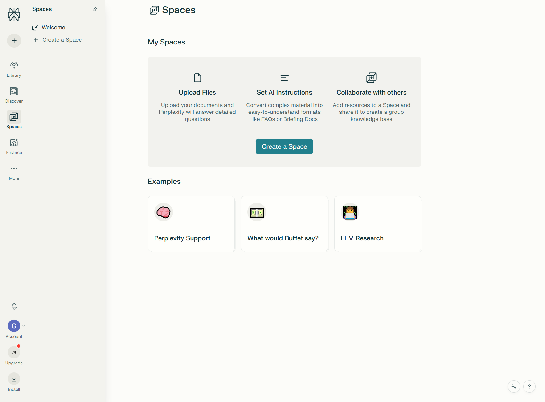 Perplexity Spaces and Collections feature showing organized research workspaces