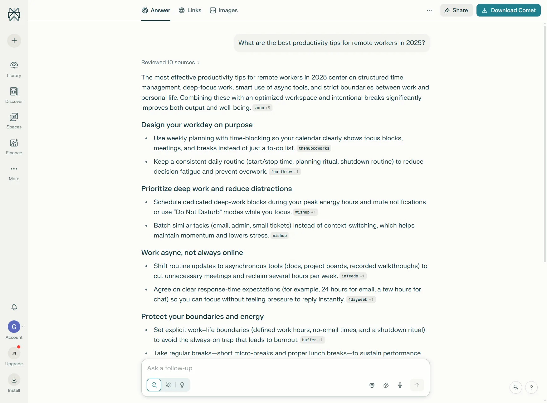 Perplexity AI research interface showing web search results with inline numbered citations