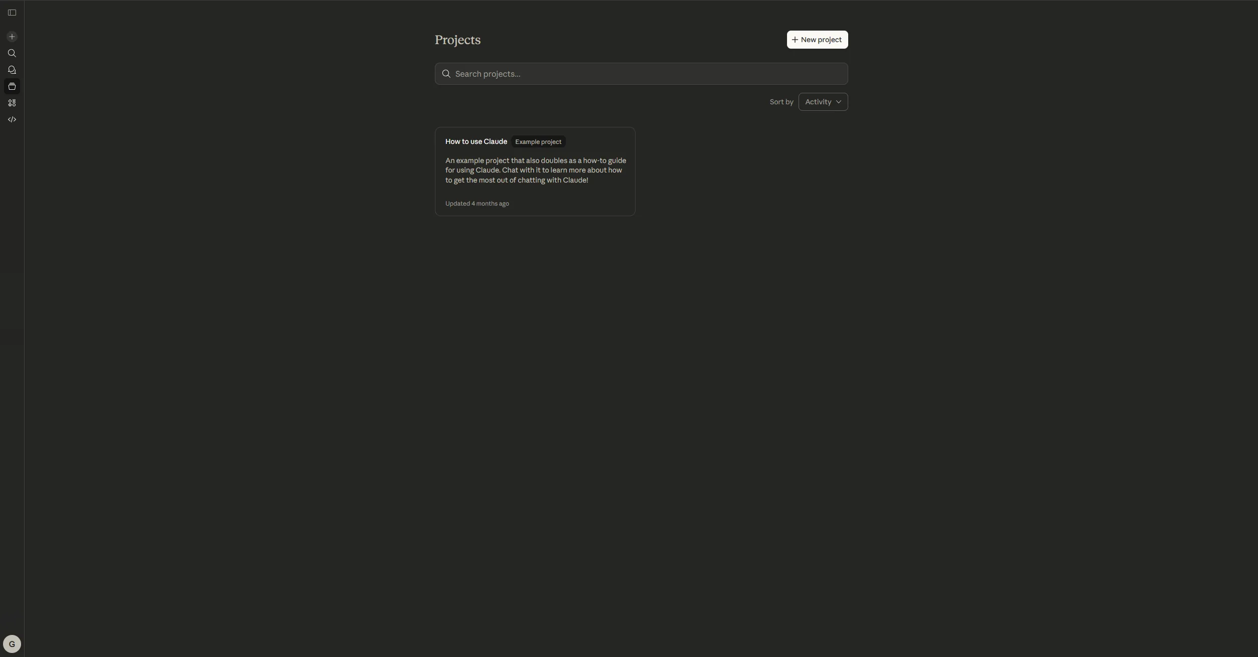 Claude Projects page with search bar, one example project card, and New project button