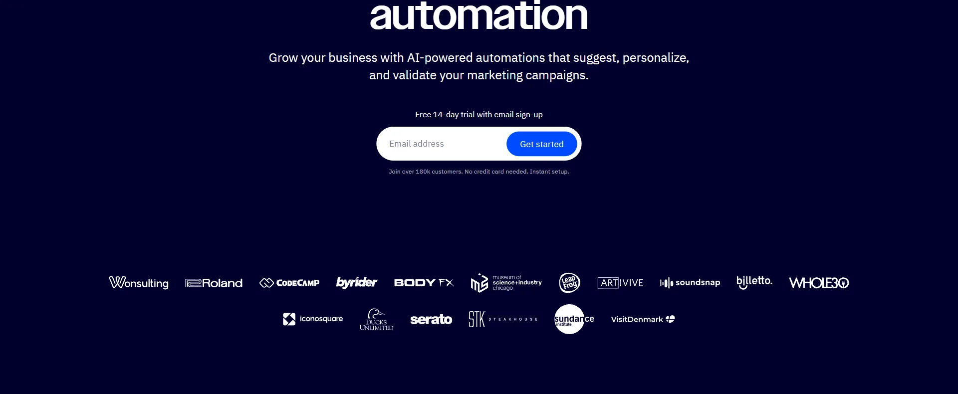 ActiveCampaign automation section with email signup, 14-day trial offer, and partner logos