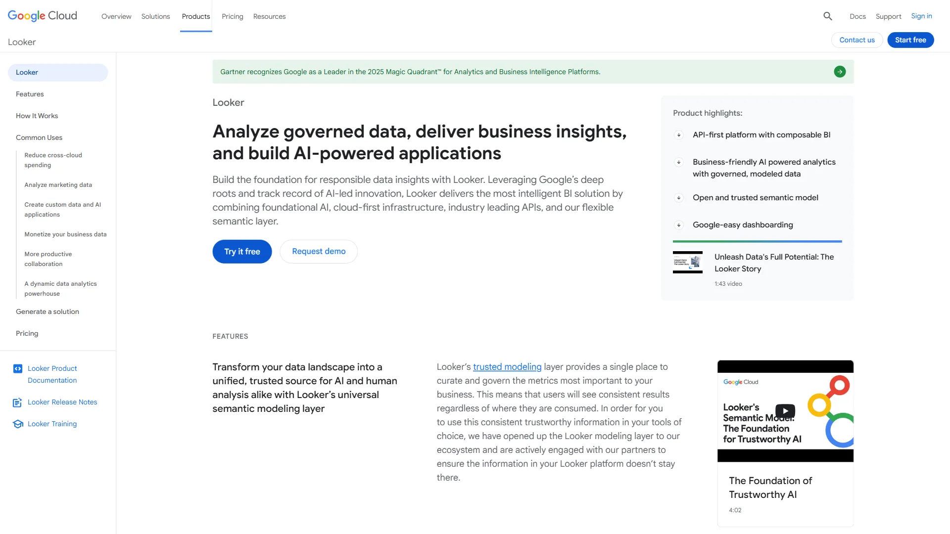 Looker business intelligence platform showing LookML data modeling and embedded analytics capabilities