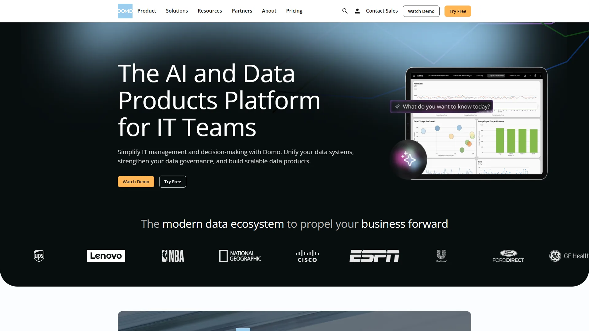 Domo data experience platform showing real-time dashboard with 1000+ data connectors and AI insights