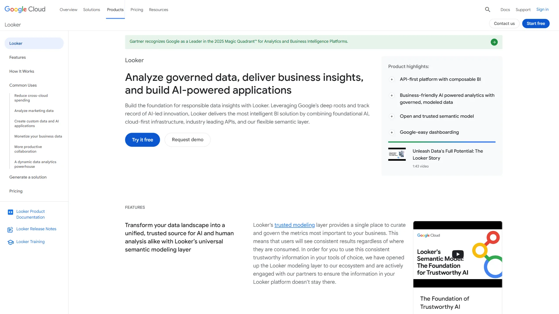 Google Cloud Looker business intelligence platform homepage