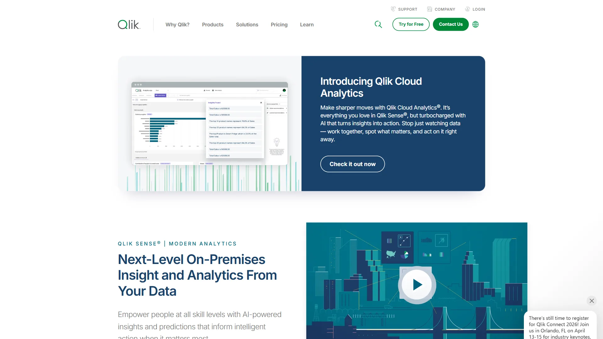 Qlik Sense analytics platform product page showing AI-powered data insights