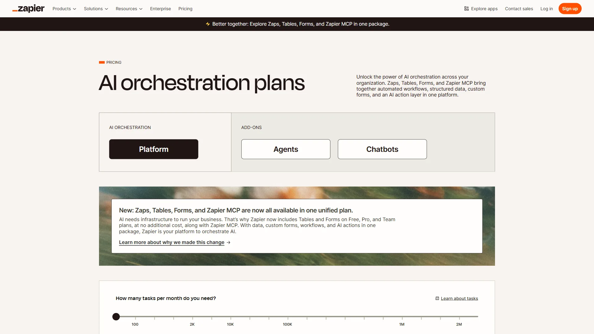 Zapier pricing page showing Free, Starter, Professional, Team, and Enterprise plans