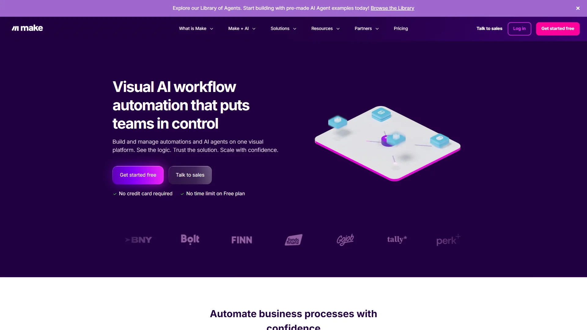 Make visual workflow automation platform homepage showing drag-and-drop scenario builder and integration options