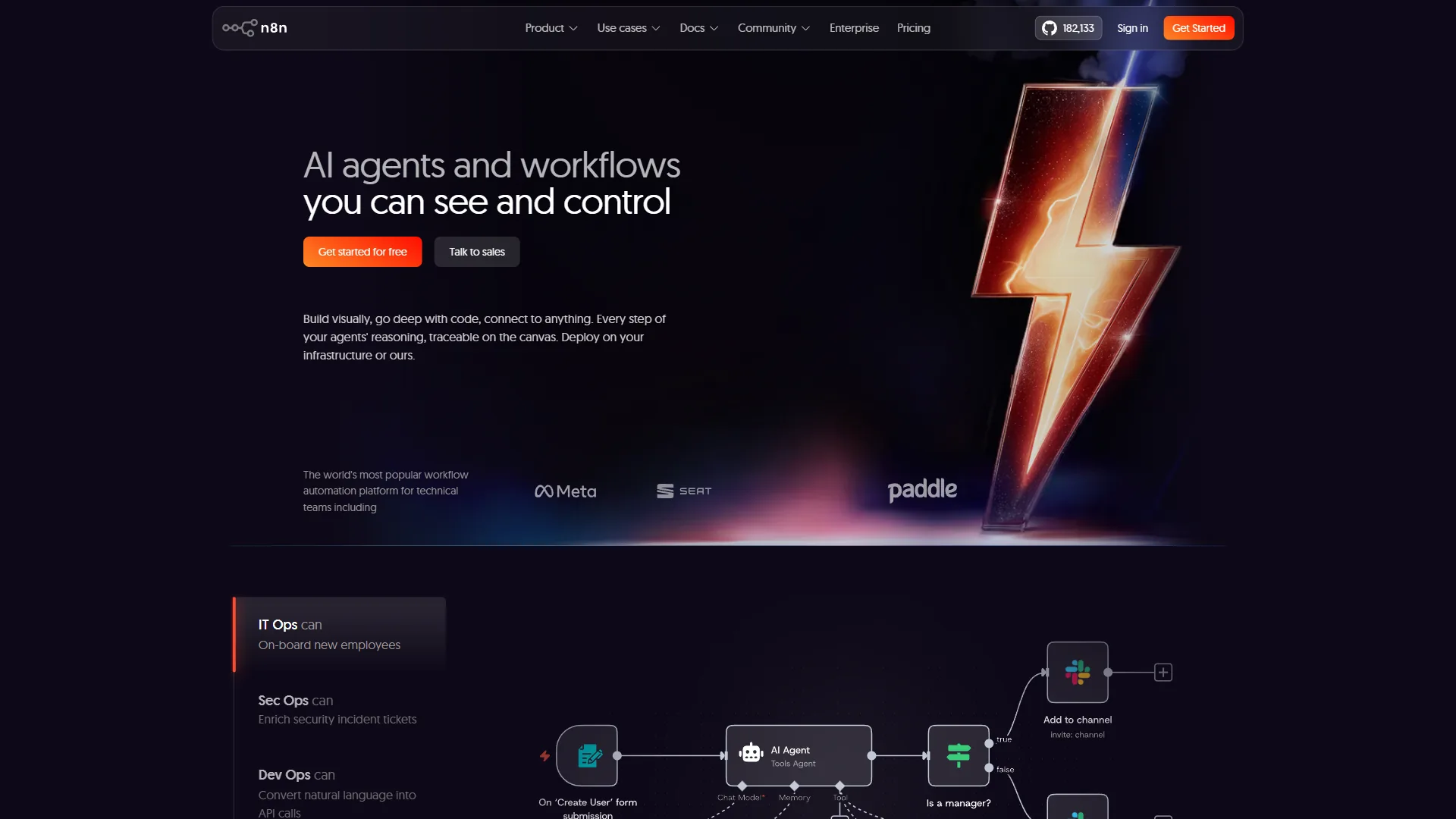 n8n workflow automation platform homepage showing AI agents and visual workflow canvas with node-based editor