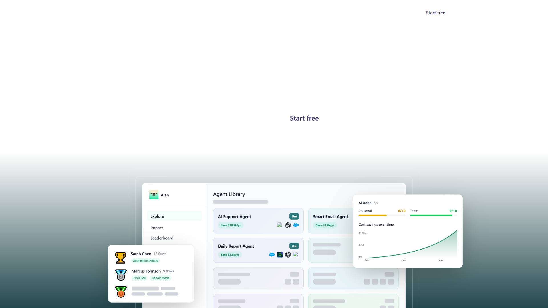 Activepieces open-source automation platform showing Agent Library with pre-built AI support, email, and reporting agents