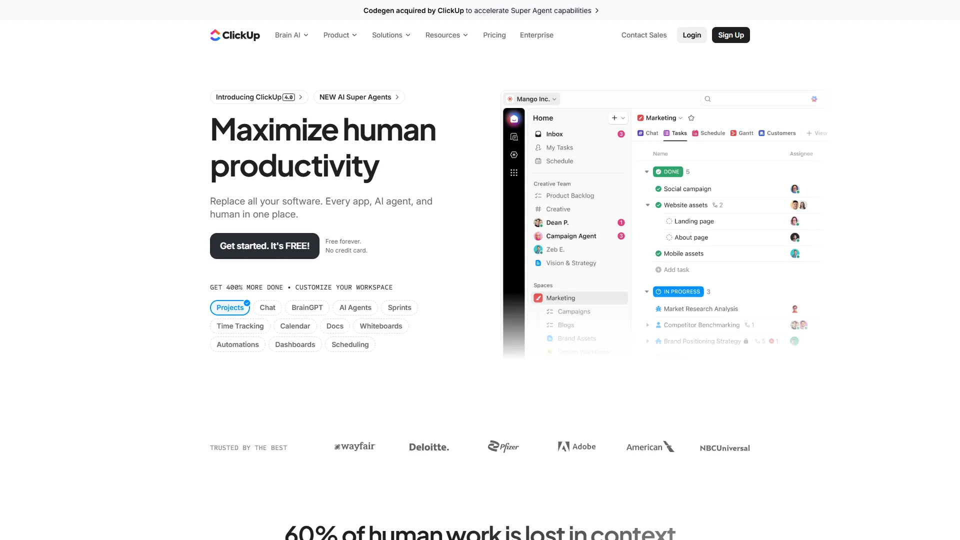 ClickUp homepage featuring AI Super Agents headline, app preview, and partner logos