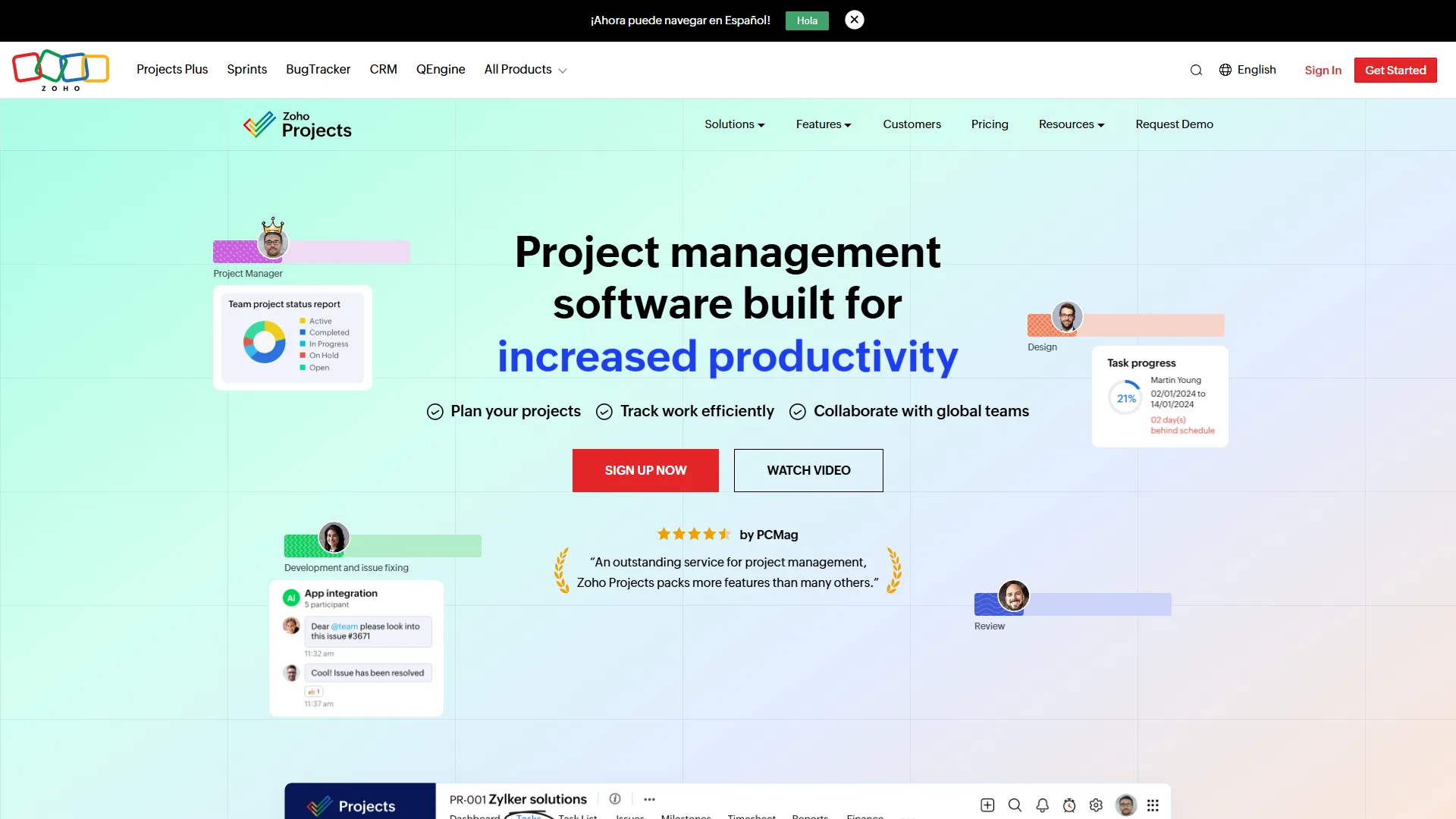 Zoho Projects homepage with productivity headline, PCMag review badge, and feature highlights
