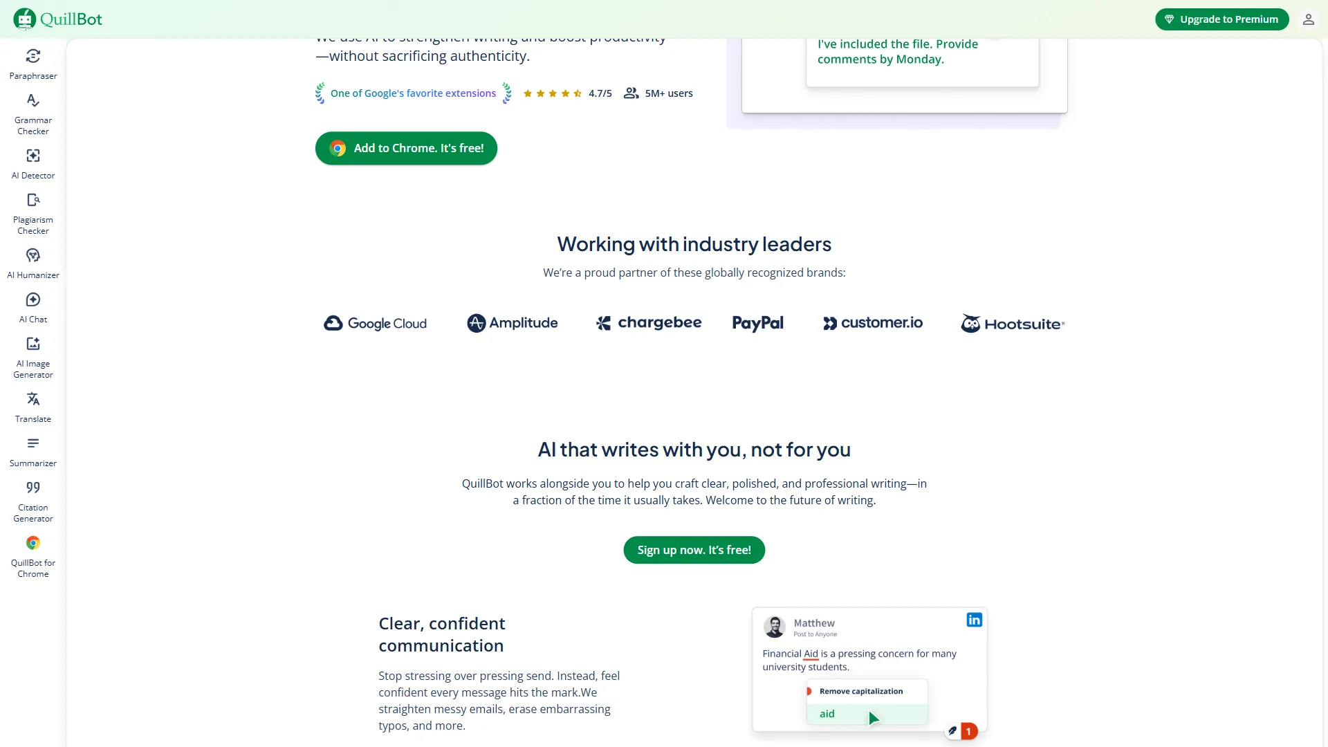QuillBot marketing page with partner logos, AI writing pitch, and Chrome extension download