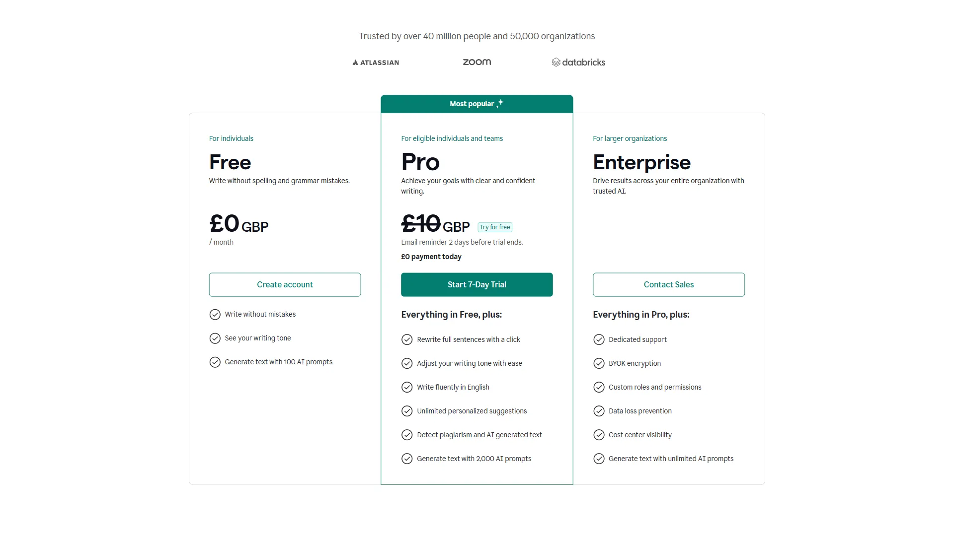 Grammarly pricing page in GBP showing Free, Pro, and Enterprise plans with feature lists